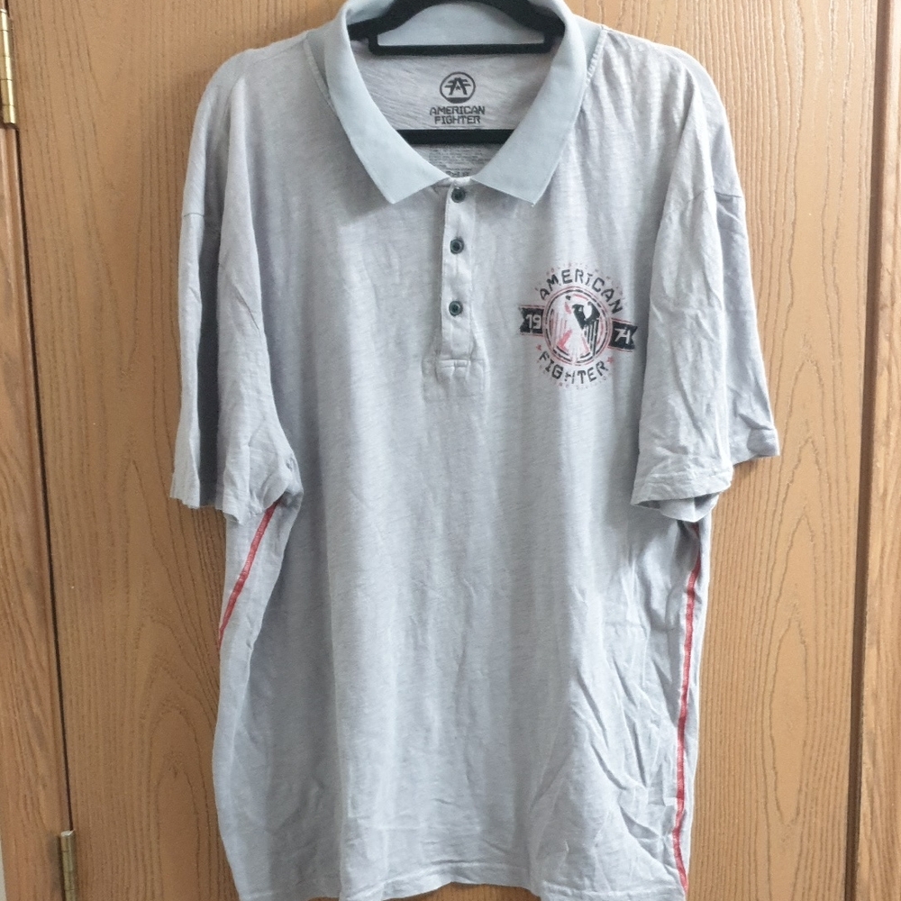 American Fighter Light Gray Polo with Red Side Stripes